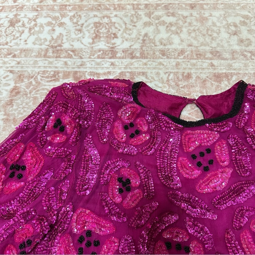 Vintage 100% Silk Beaded Camellia Sequins Pink Top - Picture 10 of 16